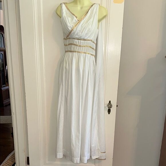 Stunning 60s White Cotton Greek Goddess Party Maxi   Dress with Gold Trim - Picture 1 of 11